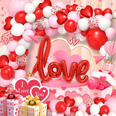 128Pcs Valentine's Day Red and Pink Heart-Shaped Foil Balloon Garland Arch Set, with Love-Shaped Balloons, Suitable for Birthday and Wedding Party Decorations
