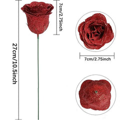 6Pcs 27cm Silk Red Glitter Artificial Rose Flowers Fake Bouquet for Home Room Wedding Decoration Valentines Day Gift Accessories