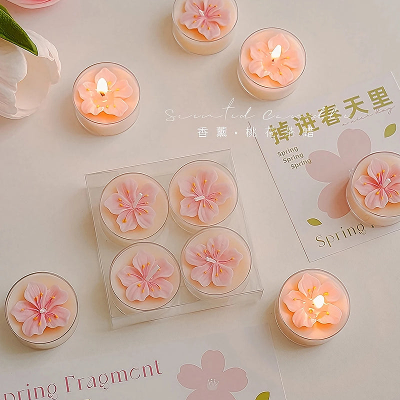 4 Pcs/Box Pink Peach Blossom Scented Candles,Valentines Decor,Room Decor,Gifts For Women Valentine's Day Wedding Favors