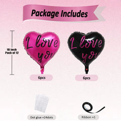 Hot Pink Black Heart Balloons,18 Inch I LOVE YOU Valentines Day Balloos for Wedding Engagement Bridal Shower Birthday Decoration