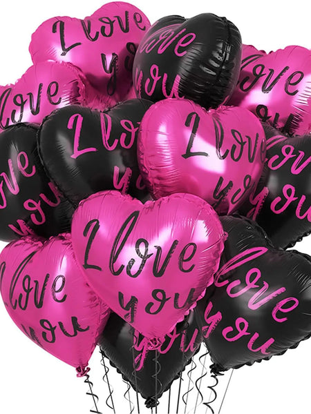 Hot Pink Black Heart Balloons,18 Inch I LOVE YOU Valentines Day Balloos for Wedding Engagement Bridal Shower Birthday Decoration