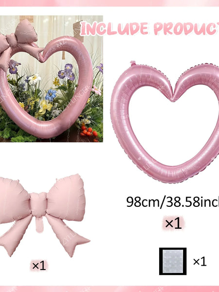 Pink hollow heart-shaped aluminum foil balloons and bow balloons, used for birthday parties, Valentine's Day, shower decorations