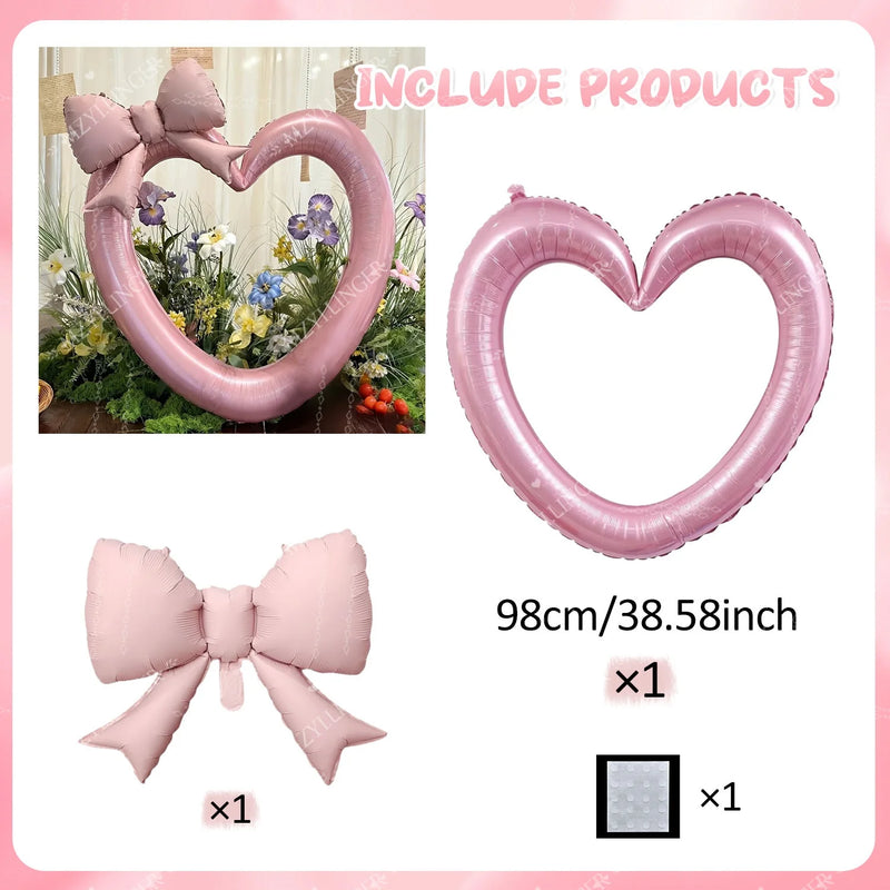 Pink hollow heart-shaped aluminum foil balloons and bow balloons, used for birthday parties, Valentine's Day, shower decorations