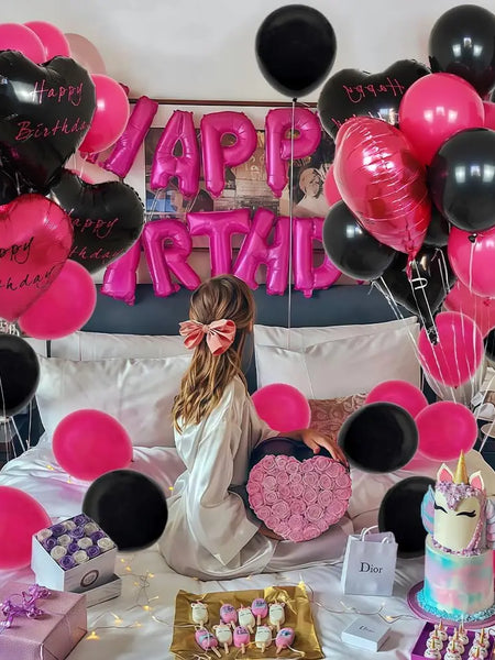 Hot Pink Black Heart Balloons,18 Inch I LOVE YOU Valentines Day Balloos for Wedding Engagement Bridal Shower Birthday Decoration