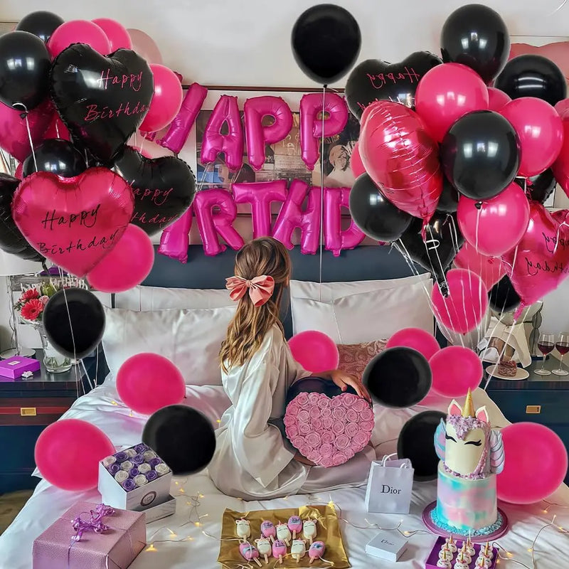 Hot Pink Black Heart Balloons,18 Inch I LOVE YOU Valentines Day Balloos for Wedding Engagement Bridal Shower Birthday Decoration