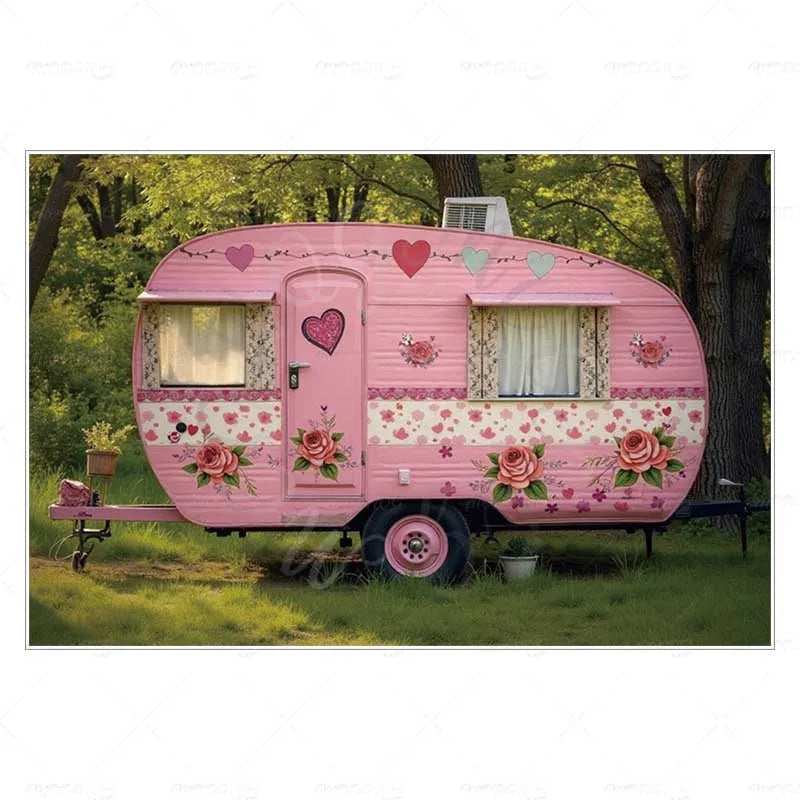 MOON.QG February 14 Decoration Backdrop Red Pink Car Rose Wreath Valentines Day Photo Background Photocall Poster Wallpaper