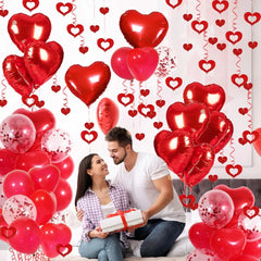 Red Heart Balloons Set, 30Pcs Heart Shaped Balloons and 50Pcs Red Hanging Streamer for Valentines Decorations, Proposal, Wedding
