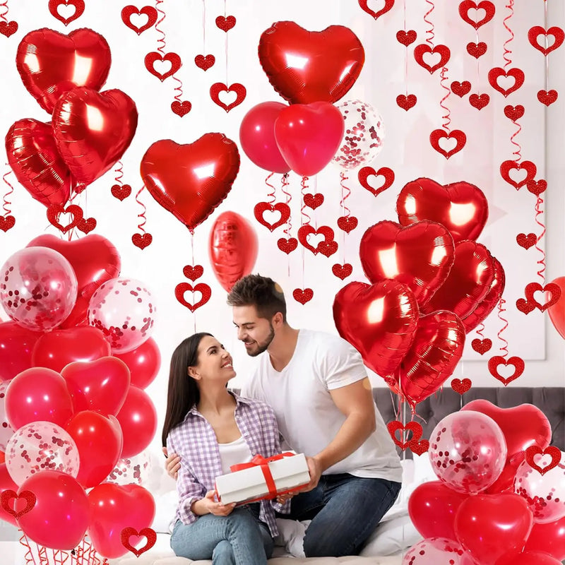 Red Heart Balloons Set, 30Pcs Heart Shaped Balloons and 50Pcs Red Hanging Streamer for Valentines Decorations, Proposal, Wedding