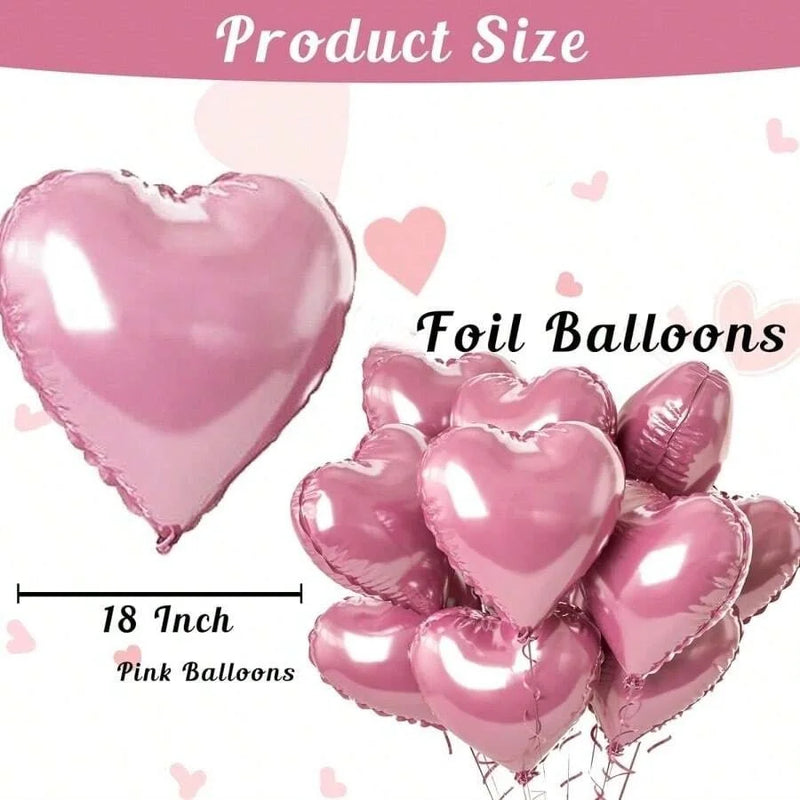 5pcs/10pcs 18-Inch Pink Heart Shaped Aluminum Foil Love Balloon For Valentines Birthday Party Decoration, Wedding Engagement, Fe