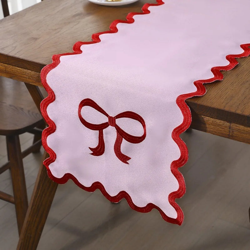 1PC Elegant Pink Table Runner with Red Bow Embroidery & Wave Edge Festive Table Decor for Wedding Valentine's Day Mother's Day