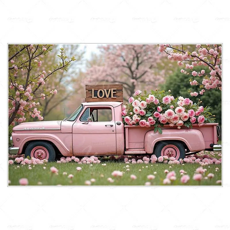 MOON.QG February 14 Decoration Backdrop Red Pink Car Rose Wreath Valentines Day Photo Background Photocall Poster Wallpaper