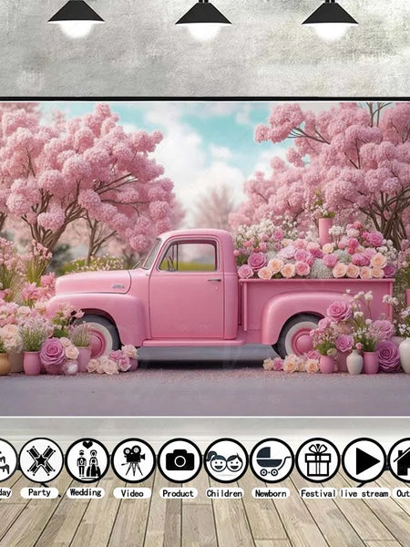 MOON.QG February 14 Decoration Backdrop Red Pink Car Rose Wreath Valentines Day Photo Background Photocall Poster Wallpaper