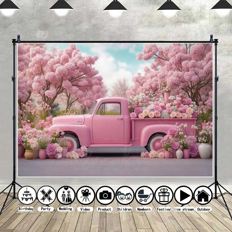 MOON.QG February 14 Decoration Backdrop Red Pink Car Rose Wreath Valentines Day Photo Background Photocall Poster Wallpaper