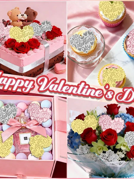 10pcs Romance Acrylic Heart Gold Valentines Cake Topper for Party Decor Supplies Baking Decorating Tool