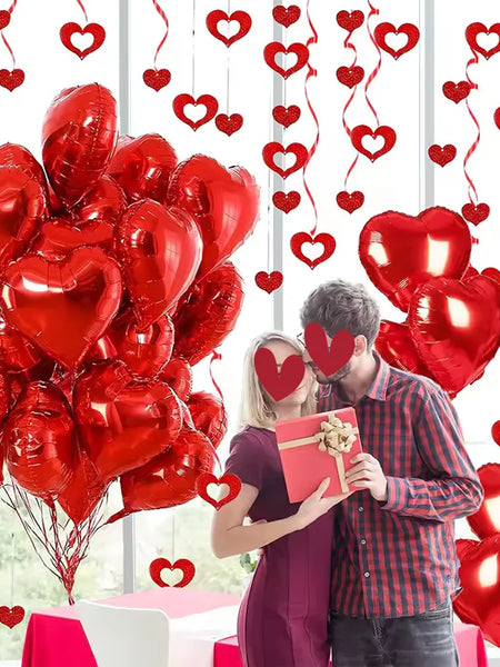 Red Heart Balloons Set, 30Pcs Heart Shaped Balloons and 50Pcs Red Hanging Streamer for Valentines Decorations, Proposal, Wedding
