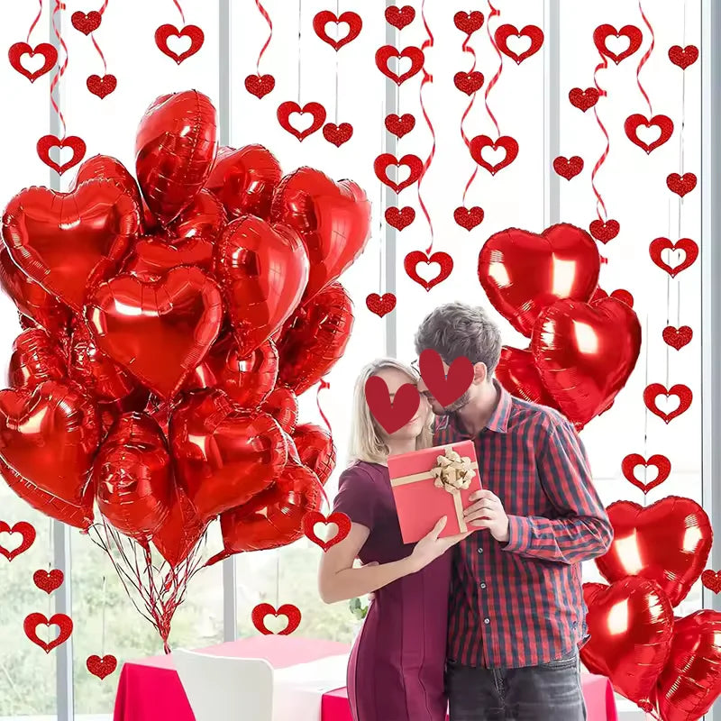 Red Heart Balloons Set, 30Pcs Heart Shaped Balloons and 50Pcs Red Hanging Streamer for Valentines Decorations, Proposal, Wedding