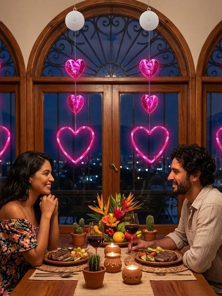 Valentines Day Decor Window Led Lights Decorations with Timer Hanging Red Lighted Heart Shaped Silhouette Sucker