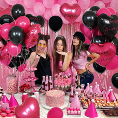 Hot Pink Black Heart Balloons,18 Inch I LOVE YOU Valentines Day Balloos for Wedding Engagement Bridal Shower Birthday Decoration