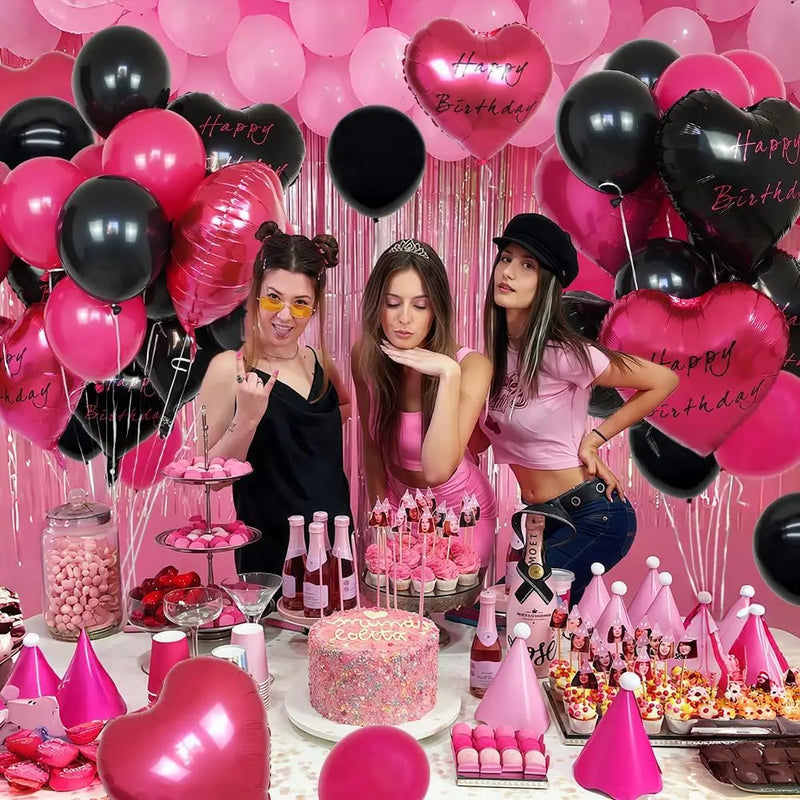Hot Pink Black Heart Balloons,18 Inch I LOVE YOU Valentines Day Balloos for Wedding Engagement Bridal Shower Birthday Decoration