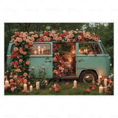 MOON.QG February 14 Decoration Backdrop Red Pink Car Rose Wreath Valentines Day Photo Background Photocall Poster Wallpaper