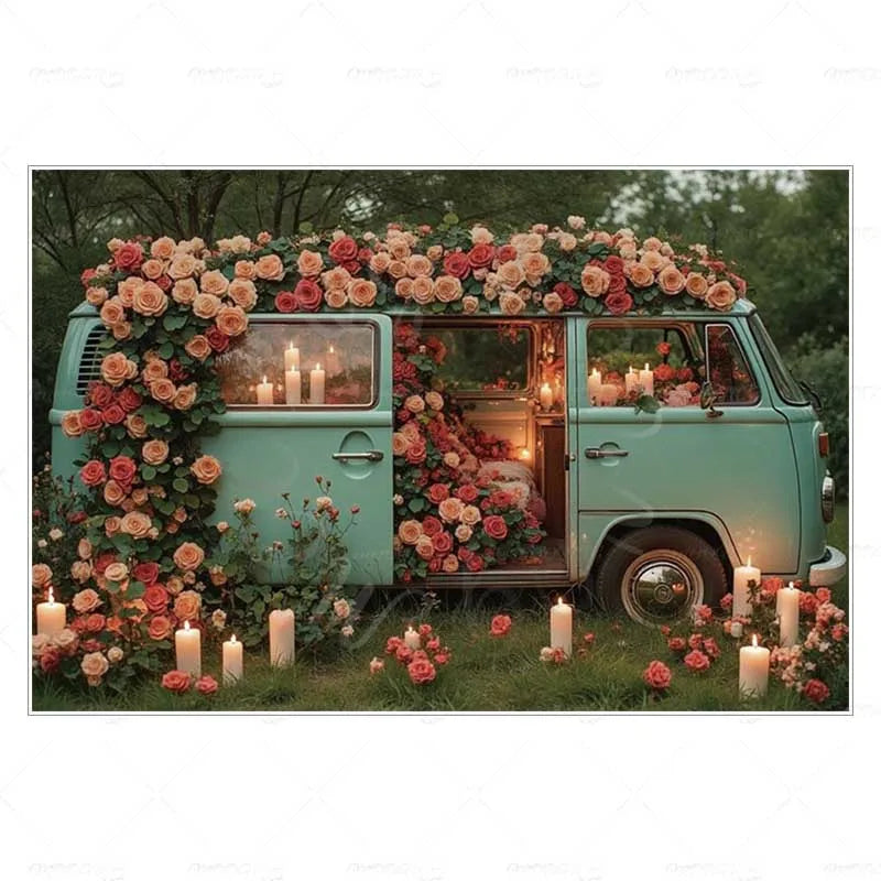 MOON.QG February 14 Decoration Backdrop Red Pink Car Rose Wreath Valentines Day Photo Background Photocall Poster Wallpaper