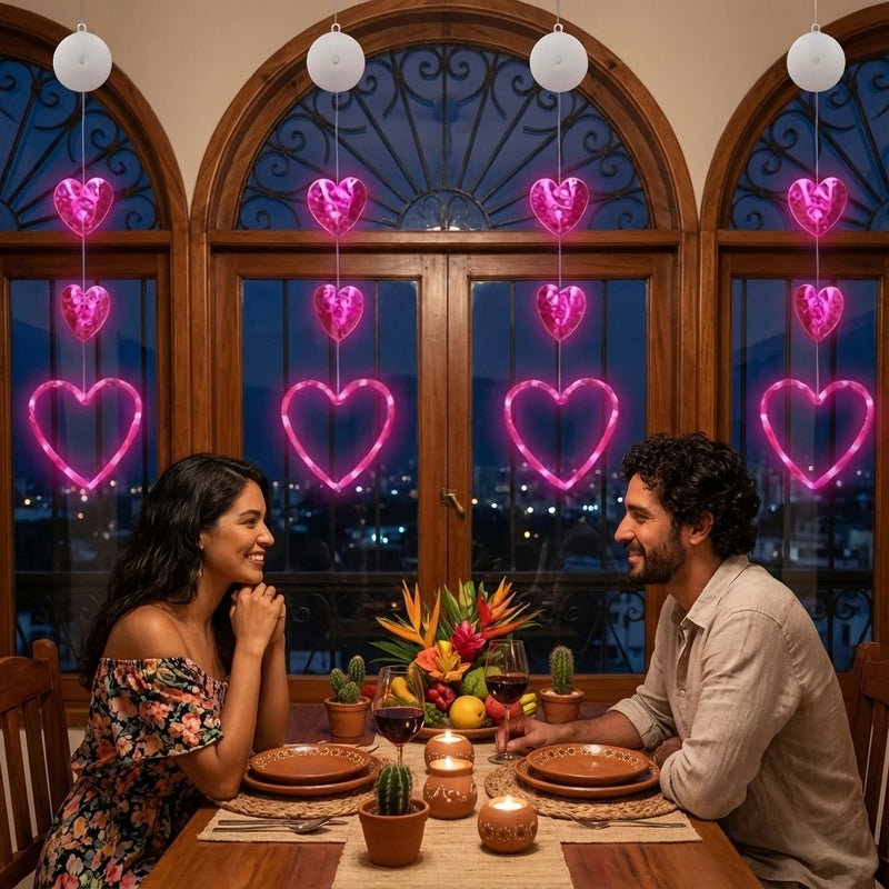 Valentines Day Decor Window Led Lights Decorations with Timer Hanging Red Lighted Heart Shaped Silhouette Sucker