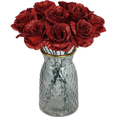 6Pcs 27cm Silk Red Glitter Artificial Rose Flowers Fake Bouquet for Home Room Wedding Decoration Valentines Day Gift Accessories