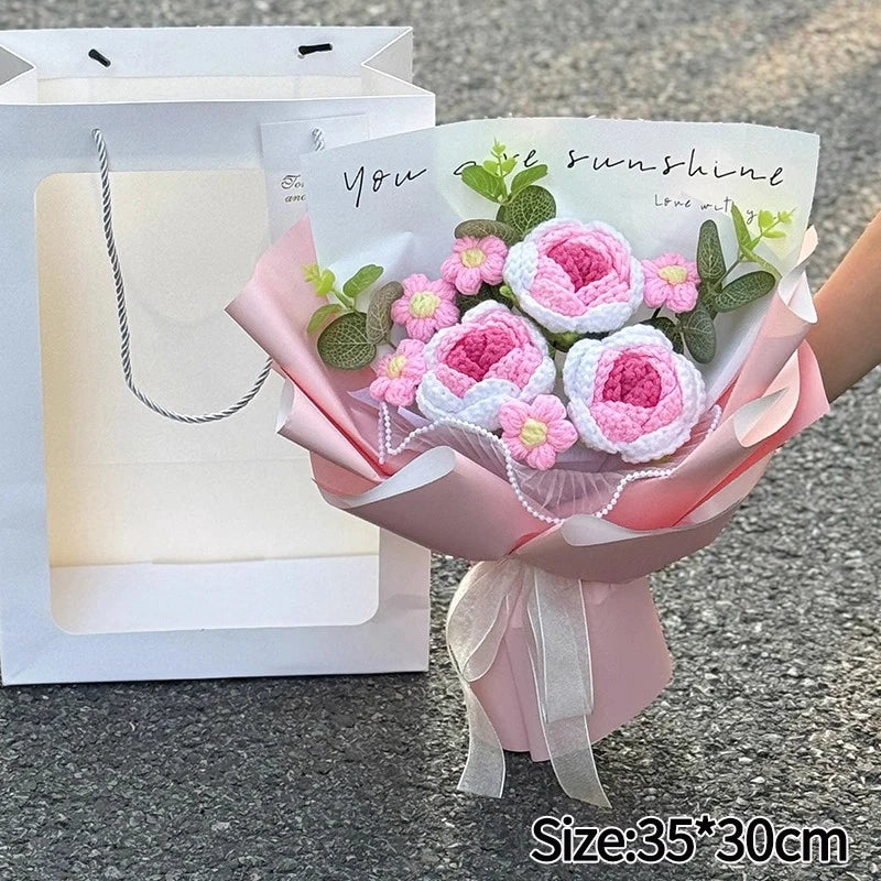 Knitted Flower Bouquet Handmade Crochet Flower Bouquet Mother's Day Gift Finished Hand-woven Flower Birthday Valentines Day Gift