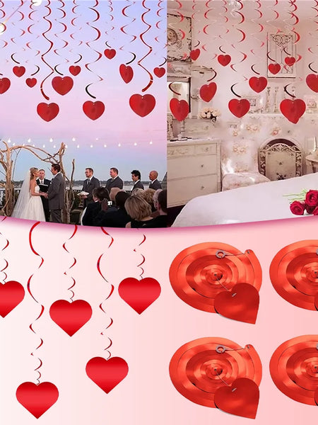 6/12/18/24Pcs Hanging Swirls,Red Love Heart Hanging Garland for Valentine's Day Party Decor Romantic Wedding Photo Prop Supplies