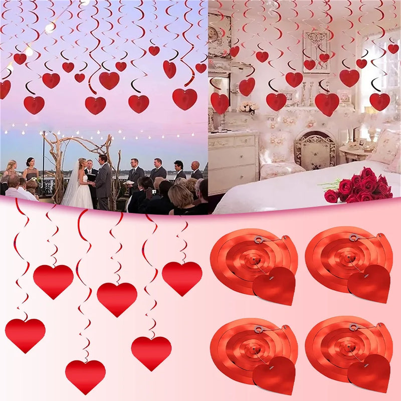 6/12/18/24Pcs Hanging Swirls,Red Love Heart Hanging Garland for Valentine's Day Party Decor Romantic Wedding Photo Prop Supplies