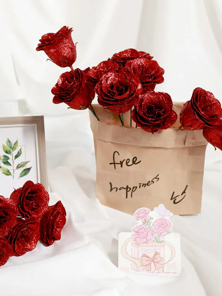 12/24pcs Red Glitter Roses Bouquet DIY Gift Set Everlasting Shiny Artificial Rose for Valentines  Anniversary Engagement Wedding