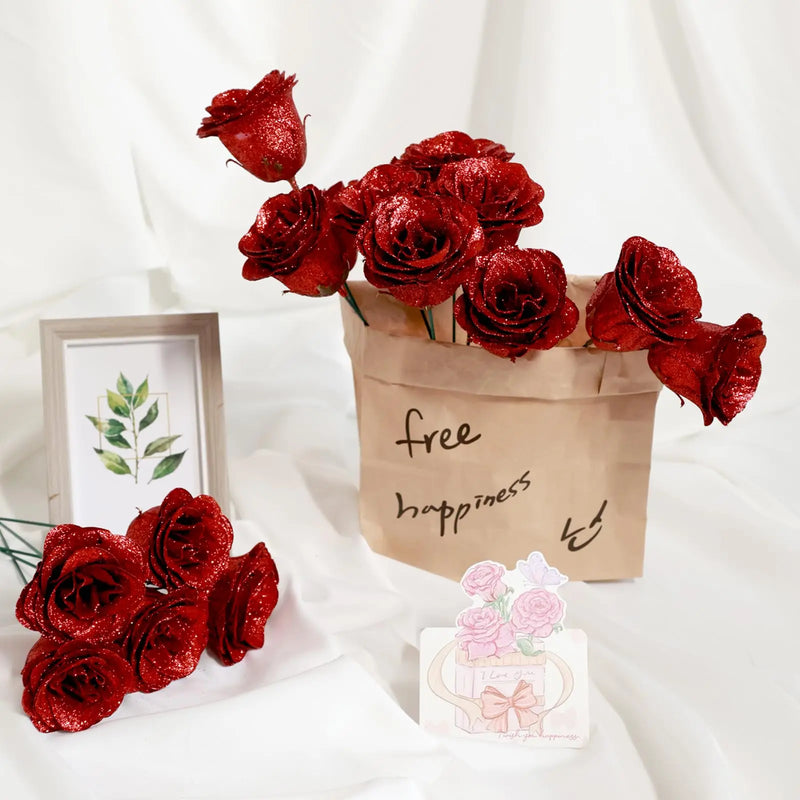 12/24pcs Red Glitter Roses Bouquet DIY Gift Set Everlasting Shiny Artificial Rose for Valentines  Anniversary Engagement Wedding