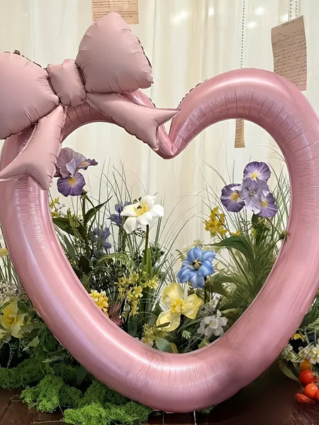 Pink hollow heart-shaped aluminum foil balloons and bow balloons, used for birthday parties, Valentine's Day, shower decorations