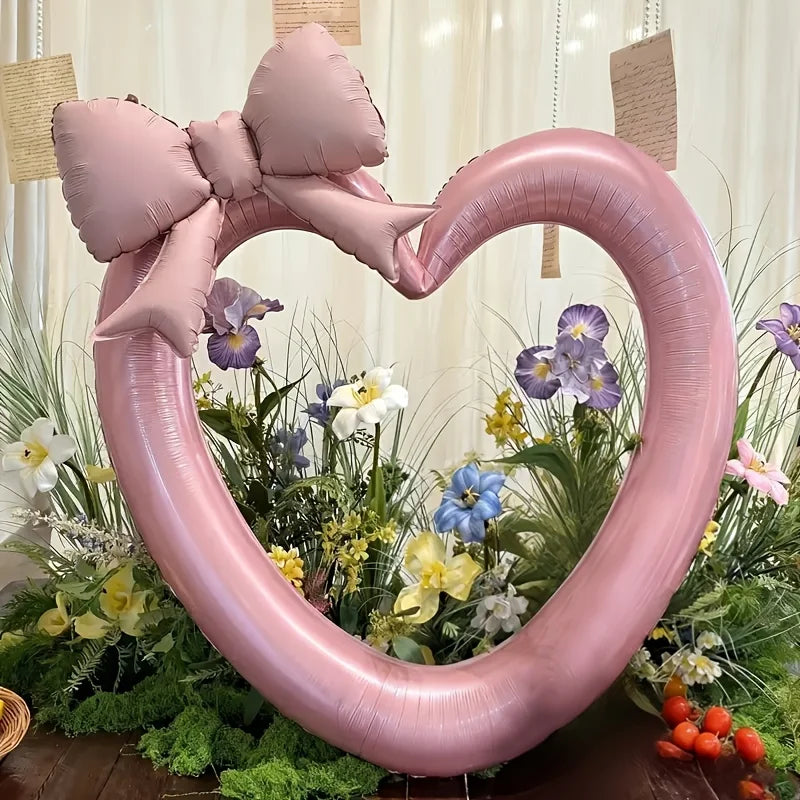 Pink hollow heart-shaped aluminum foil balloons and bow balloons, used for birthday parties, Valentine's Day, shower decorations