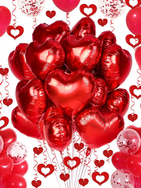 Red Heart Balloons Set, 30Pcs Heart Shaped Balloons and 50Pcs Red Hanging Streamer for Valentines Decorations, Proposal, Wedding