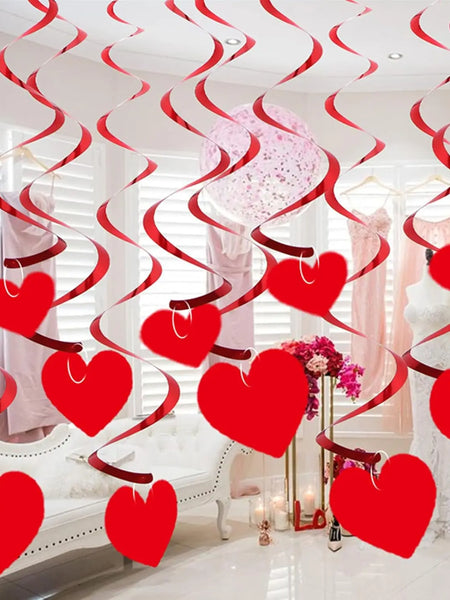 6/12/18/24Pcs Hanging Swirls,Red Love Heart Hanging Garland for Valentine's Day Party Decor Romantic Wedding Photo Prop Supplies