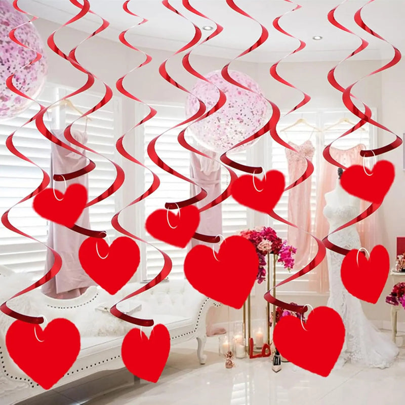 6/12/18/24Pcs Hanging Swirls,Red Love Heart Hanging Garland for Valentine's Day Party Decor Romantic Wedding Photo Prop Supplies