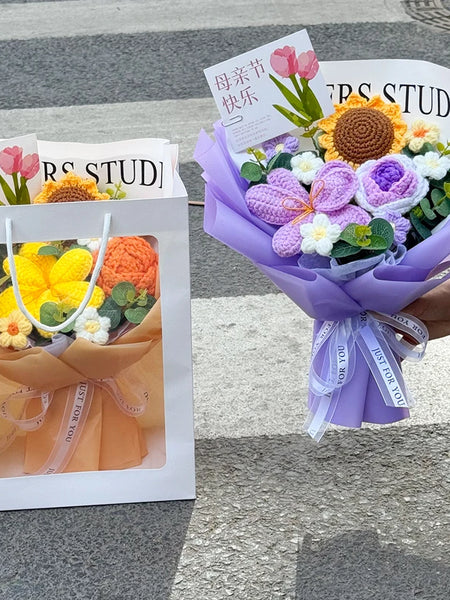 Knitted Flower Bouquet Handmade Crochet Flower Bouquet Mother's Day Gift Finished Hand-woven Flower Birthday Valentines Day Gift