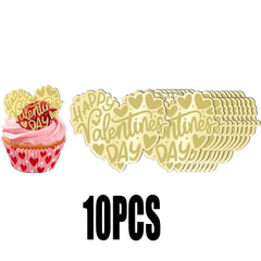 10pcs Romance Acrylic Heart Gold Valentines Cake Topper for Party Decor Supplies Baking Decorating Tool