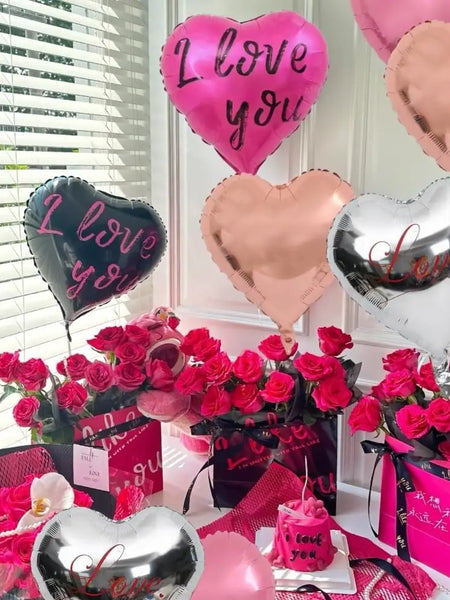Hot Pink Black Heart Balloons,18 Inch I LOVE YOU Valentines Day Balloos for Wedding Engagement Bridal Shower Birthday Decoration