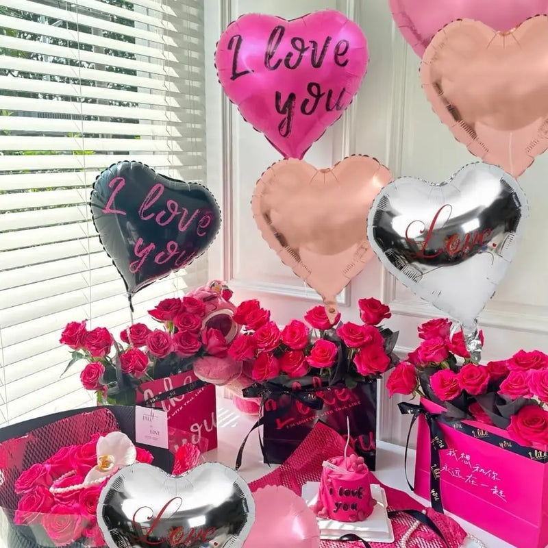 Hot Pink Black Heart Balloons,18 Inch I LOVE YOU Valentines Day Balloos for Wedding Engagement Bridal Shower Birthday Decoration