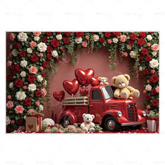 MOON.QG February 14 Decoration Backdrop Red Pink Car Rose Wreath Valentines Day Photo Background Photocall Poster Wallpaper