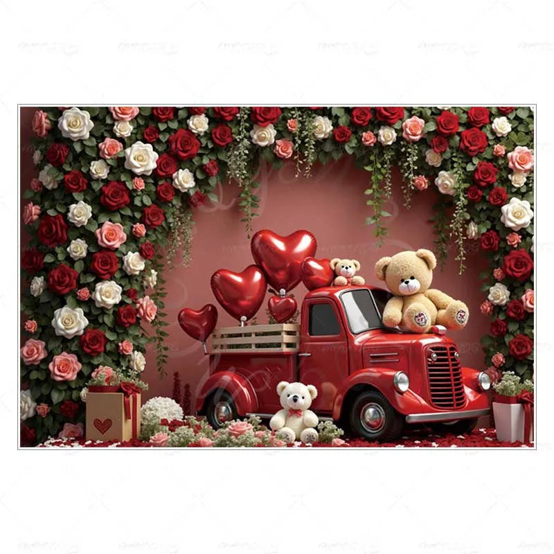 MOON.QG February 14 Decoration Backdrop Red Pink Car Rose Wreath Valentines Day Photo Background Photocall Poster Wallpaper