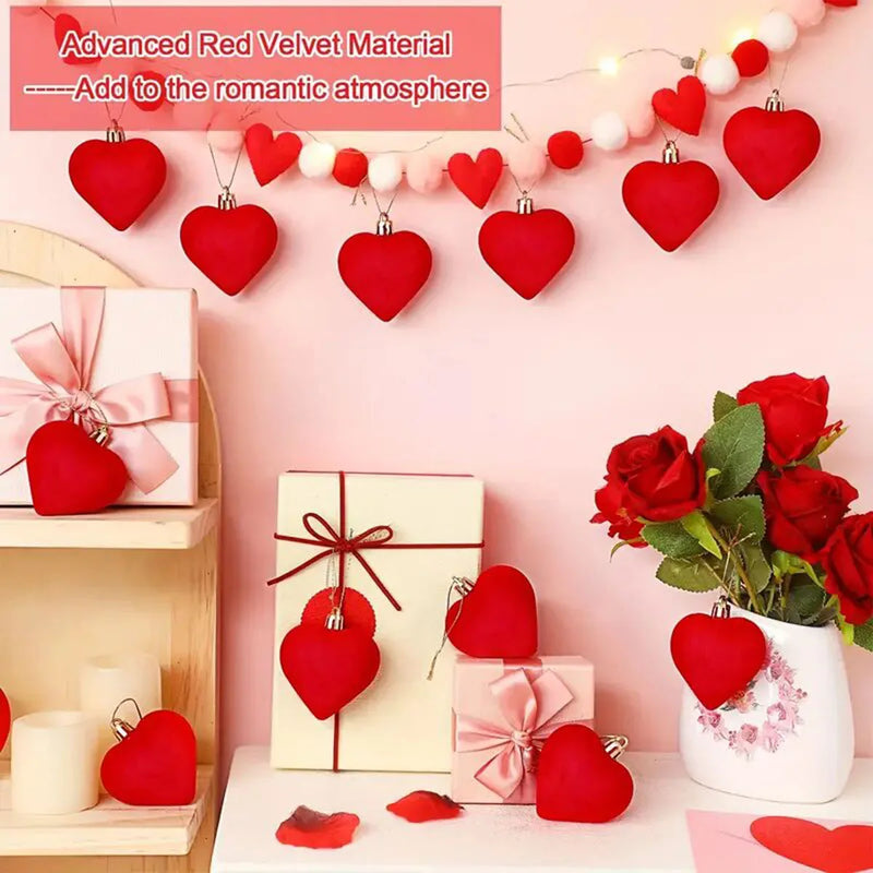12 velvet heart-shaped hanging decorations, suitable for Valentine's Day tree decoration and wedding anniversary celebrations