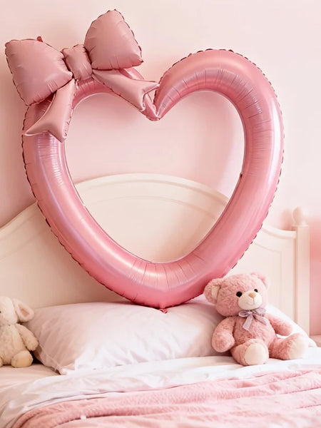 Pink hollow heart-shaped aluminum foil balloons and bow balloons, used for birthday parties, Valentine's Day, shower decorations