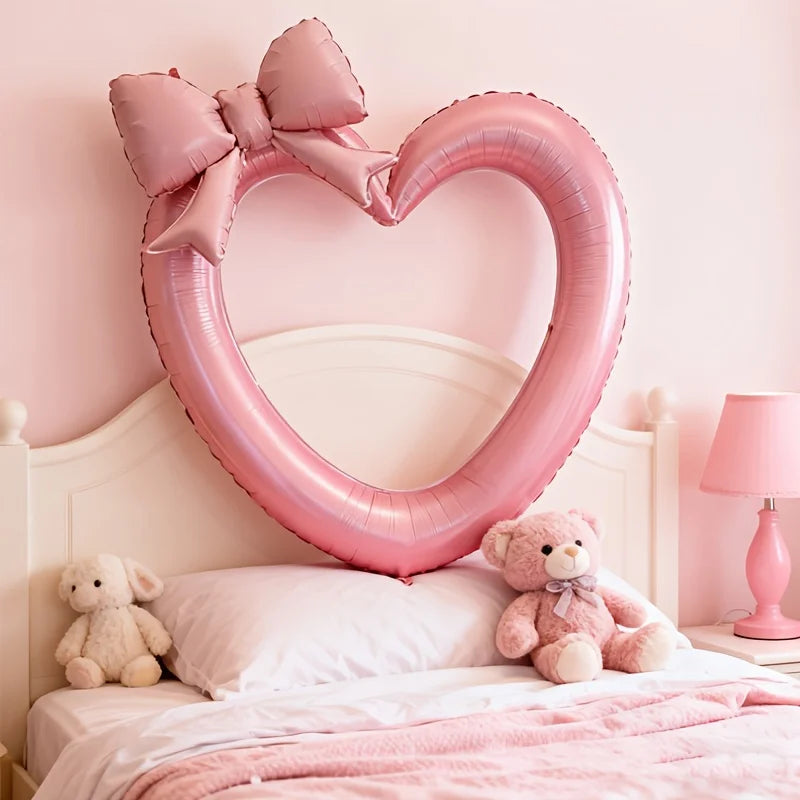 Pink hollow heart-shaped aluminum foil balloons and bow balloons, used for birthday parties, Valentine's Day, shower decorations