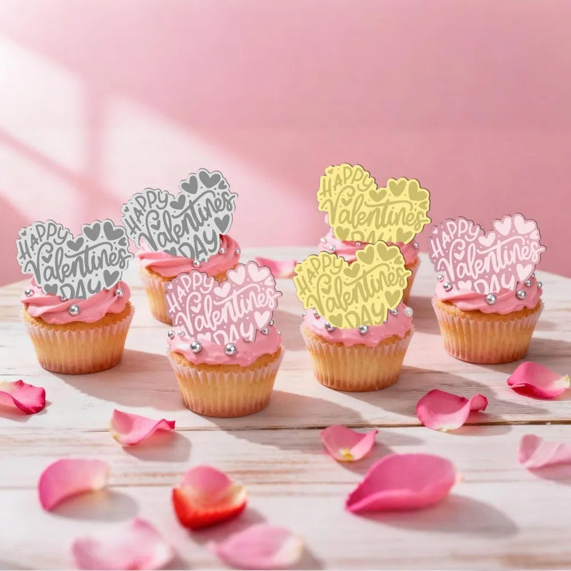 10pcs Romance Acrylic Heart Gold Valentines Cake Topper for Party Decor Supplies Baking Decorating Tool