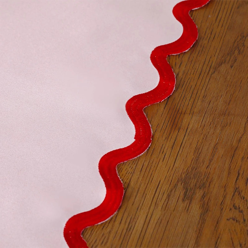 1PC Elegant Pink Table Runner with Red Bow Embroidery & Wave Edge Festive Table Decor for Wedding Valentine's Day Mother's Day