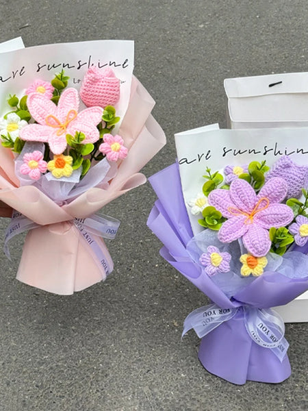 Knitted Flower Bouquet Handmade Crochet Flower Bouquet Mother's Day Gift Finished Hand-woven Flower Birthday Valentines Day Gift