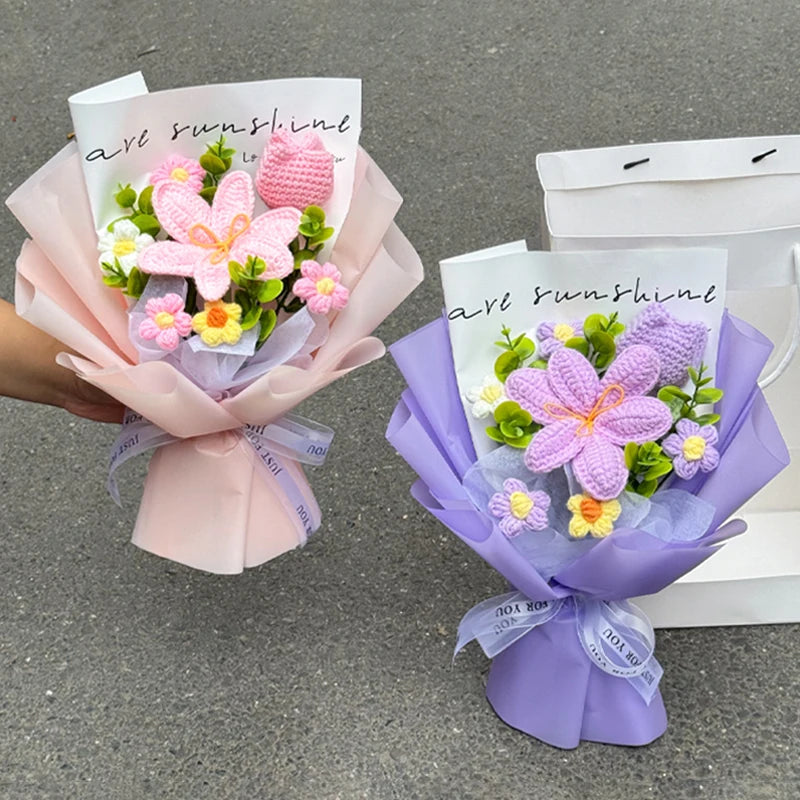 Knitted Flower Bouquet Handmade Crochet Flower Bouquet Mother's Day Gift Finished Hand-woven Flower Birthday Valentines Day Gift